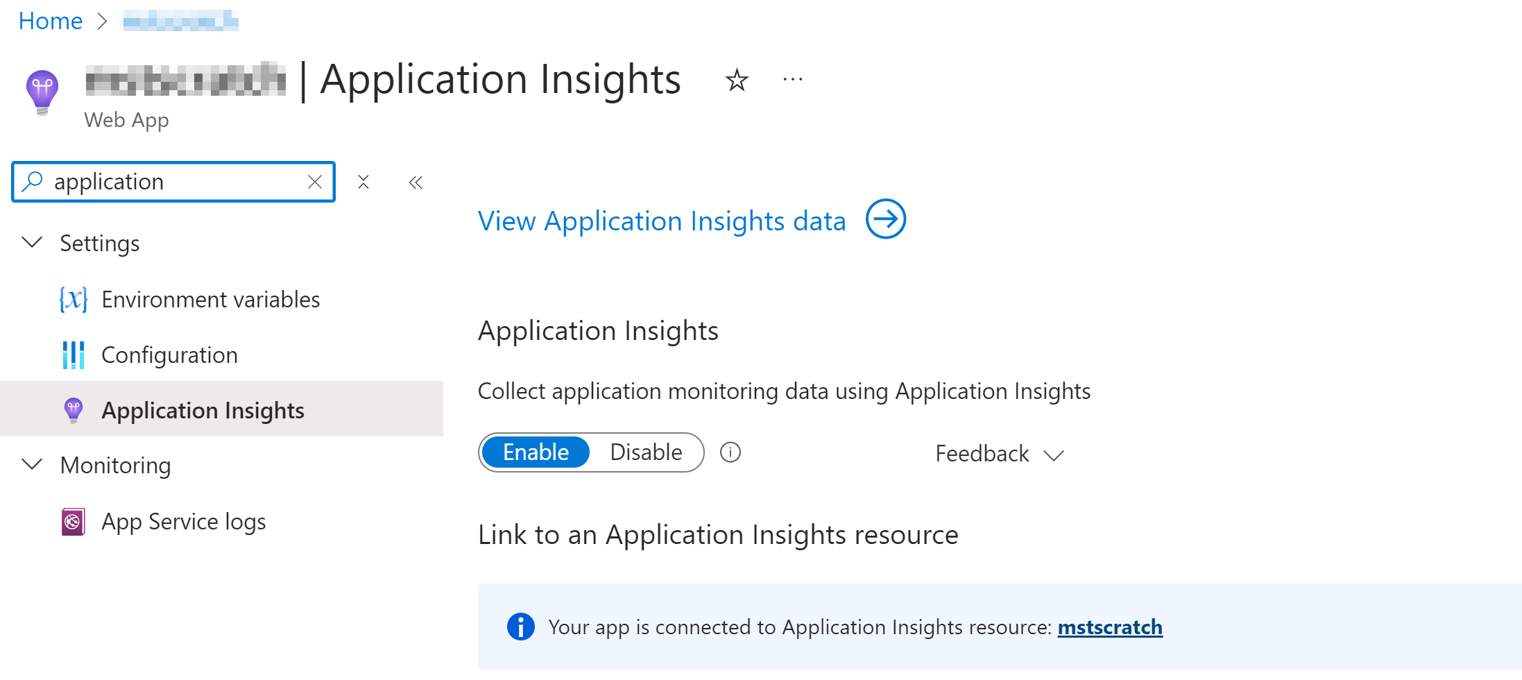 Application Insights enable via the Azure Portal